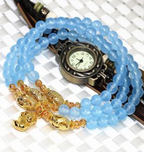 Strand Goldcolor Accessories Natural Stone Blue Chalcedony Jades 6mm Round Beads Multilayers Long Bracelets Women Pretty Jewelry 8345081