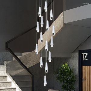 H￤ngslampor post modern kreativ ljuskrona led k￶k restaurang vardagsrum duplex roterande trappbelysning l￥ng linje lampa