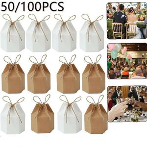 Gift Wrap 100/50PCS Kraft Paper Bags Xmas Candy Box Bag Pillow Wedding Party Packaging Business Birthday Christmas Present