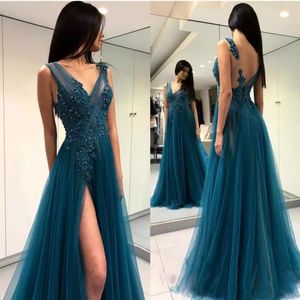 Sexy Side Split Tulle Prom Dresses Dark Hunter Green Backless Appliques Beads Long Evening Party Gown Sleeveless A Line Abendkleider