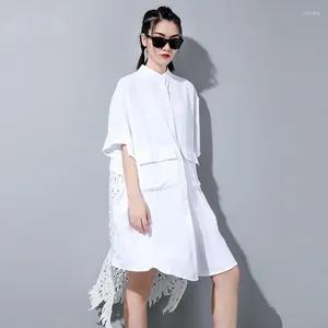 Casual Dresses Women White Dress Back Lace Hollow Out Femme Stand Collar Half Sleeve Loose Lady Vestidos Spring Summer 2022 Fashion Robe