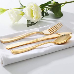 Conjuntos de utensílios de jantar 75-300pcs dispensáveis ​​talheres de ouro de ouro de mesa de casamento plástico para festas de tabela de talheres de bronze colher de aniversário talheres de talheres de ouro jantar de ouro