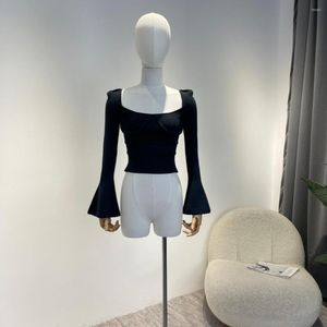 女性用ブラウス秋の冬コレクション2023ソリッドダークグリーンスリムフィット最高品質フレアスリーブオールマッチレディーブラウス