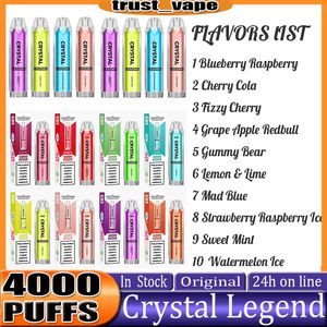 Crystal Legend 4000 puffs Disposable E cigarettes 1350mAh Battery 2% Capacity 12ml With 4000 Puffs Extra Vape Pen 100% Quality Vapors Wholesale kit