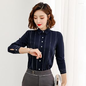 Women's Blouses Fashion Women & Shirts Navy Blue Striped Long Sleeve Office Ladies Work Wear Clothes OL Styles