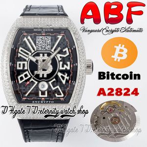 ABF Vanguard Encrypto V45 A2824 Automatik-Herrenuhr, Iced Out-Diamantengehäuse, schwarzes Zifferblatt mit Bitcoins-Geldbörse, Adresse, Lederarmband, Super Edition-Eternity-Uhren