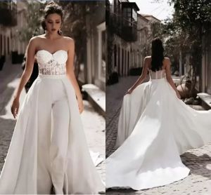 Detachable Train Wedding Dresses Jumpsuits Strapless Lace See Though Top Open Back Court Train Bridal Dress Beach Wedding Gowns Reception 2023