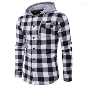 Men's Casual Shirts Mens Red Plaid Button Up Shirt Hooded Long Sleeve England Tops Men Harajuku Black Checkered Blouse Clothes