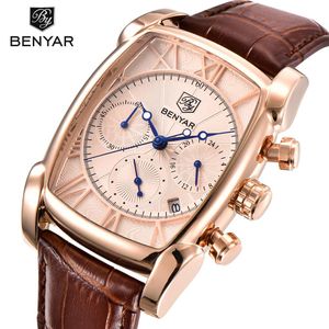 Benyar Luxury True Six-Pin Quartz Watch Classic Rectangle Case Sports Chronograph Men's Watches Rose Gold Erkek Kol Saati213N