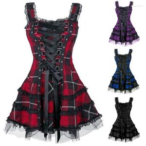 Sıradan elbiseler elbise kadınlar klasik fırfırlı dantel kolsuz ekose vintage gotik mini balo cosplay kostüm moda