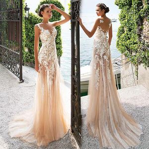 Marvelous Tulle & Lace Bateau Neckline See-through Sheath Wedding Dress With Lace Appliques Champagne Bridal Gowns Dress vestido de formatura