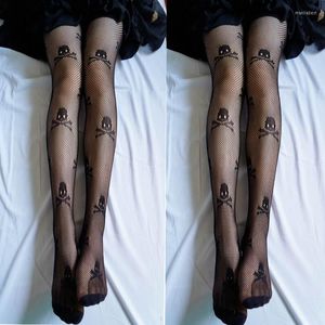 Women Socks 1st Sexy Fishnet Mesh Stockings Pantyhose Elastic Ultra-Thin Skull Pattern Tights Polyester Long