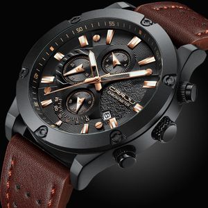 Crrju Fashion Watch Men New Design Chronograph Big Face Quartz Polshorloges Heren Outdoor Sports Leather Watches Orologio UOM197M