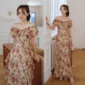 Casual Dresses Women Maxi Floral Ruffle Dress Summer 2022 Runway Boho Vintage French Fairy Chiffon Robe Lady Vacation Party Night Long