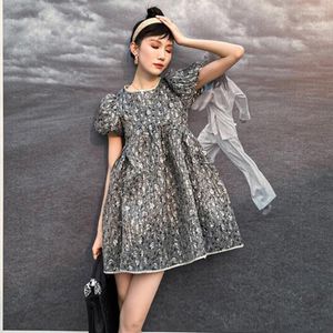 Casual Dresses Women Floral Black Bandage Dress Vintage O Neck Puff Sleeve Loose High Waist Mini Female Fashion Summer Clothing Vestido