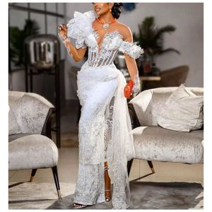 Luxury Evening Dresses Long Sleeves V Neck One Shoulder Satin Lace Flowers Appliques Sequins Side Slit Floor Length Celebrity Plus Size Party Prom Gowns Prom Dress