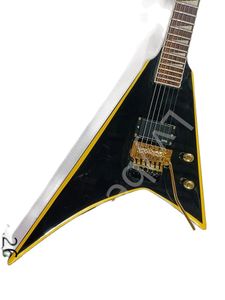 Lvybest Electric Guitar Custom 6 Strings Black V Shaped with Yellow Stripe and Active Pickup