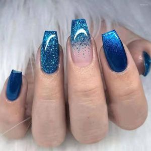 False Nails 24pcs Press On Sky Blue Glitter Gradient Ballerina With Design Wearable Coffin Fake Full Cover Nail Tips