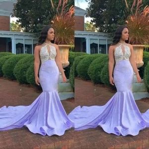 Lavender sjöjungfrun Promklänningar Sexig halterhalsapplikationer Sequined Top Long Train Party Aftonklänningar African Black Girls Graduation Wear