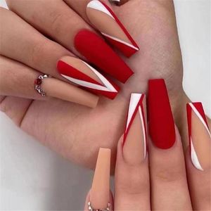 False Nails Long Ballerina Matte With Design Fashion Red Fake Nail Patches Press On Detachable French Coffin Tips