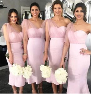 Pink Mermaid Bridesmaid Dresses One Shoulder Tea Length Tulle Ruched Custom Made Plus Size Maid Of Honor Gowns 403