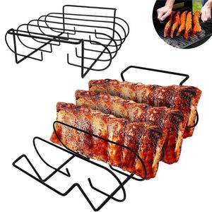 Tools Non-Stick BBQ Rib Rack Stand Barbecue Steaks Racks Stainless Steel Chicken Beef Ribs Grill Black For Gas Smoker