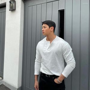 Men's T Shirts Autumn Cotton Fitness Sportswear Jogger Brand Casual T-shirt Sleeves Pure Color Button Down Long Sleeve Top Men