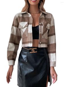 Women's Jackets Women Plaid Flannel Crop Jacket Casual Long Sleeve Button Shacket Shirt Lapel Collar Pockets Coat Fall Winter