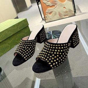 Summer Luxury Chunky Sandals Heel Designer Classic Gold Button Crystal Rhinestone Embellished 10cm High Heeled Women Shoes With Box Cover Heel Slippers 35-42 Storlek