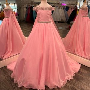 Pink Girls Pageant Dress Ballgown with Cape 2023 Beading Chiffon Little Kid Birthday Formal Party Wedding Guest Runway Gown Toddler Teens Preteen Off-the-Shoulder