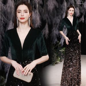 Ethnic Clothing Velvet Lace Patchwork Women Evening Party Dress Green Half Sleeve Sequins Spring Cheongsam Vestidso Sexy Slim Tight Qipao