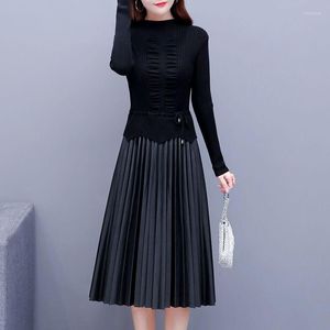 Casual Dresses Autumn Long Sleeve Pleated Design For Women Elegant O-Neck High midje Vintage Dress Female Holiday Party Clothing M325