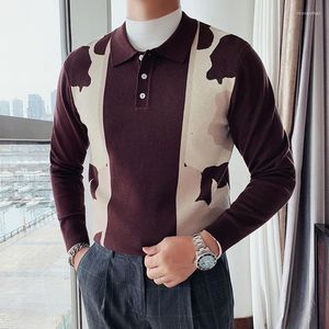 Polos Polos Green Men Lapel Long Sleeve Casual Polo Shirt Brown British Contrast Kolor Kamuflażowy dzianinowy hombre