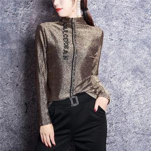 Bloups feminina Blusa de gola alta feminino Tops elegante moda de maneira brilhante lantejoulas de manga longa de manga comprida camisa