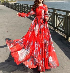 Etniska kl￤der 2022 Muslim Boho Vintage Red Print Chiffon Beach Maxi Dress Spring Autumn 4xl Plus Size Long Sleeve Women Elegant Party