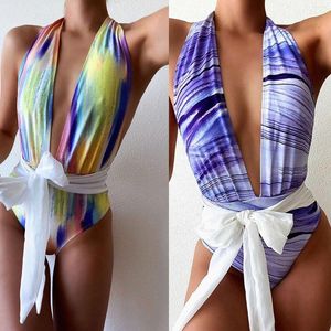 Women's Swimwear Women Ladies Sexy Back Swimsuit Tie-Dye Lace Up Bikini Swimsuits Beachwear Jumpsuit