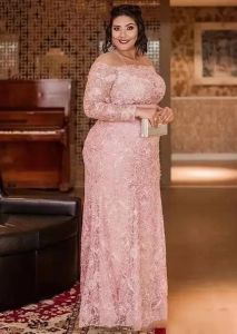 Różowa koronkowa syrenka matka sukienki Pochy Sheer szyi Mother of Bride Groom Evening Suknie Plus Size Ocena dla kobiet