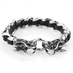 Charm Bracelets Hipper Stainless Steel Black Silver Color Dragon Head Leather Weaving Cuban Chain Bracelet Mens Boys Jewelry