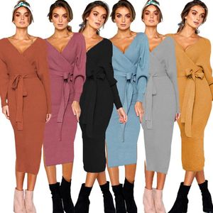Sıradan Elbiseler Sonbahar Kış Seksi Sızıntı Geri V Yastığı Uzun Kollu Kadınlar Elbise 2022 Moda Büyük Boyut Orta Uzunluk JK315