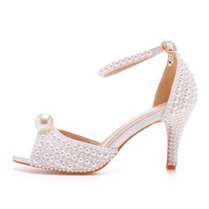 2022 White Pearl Sandals Women Open Toe High Heels Lady Luxury Wedding Shoes Banquet Dress