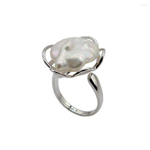 Cluster Rings Baroque Ring White Natural Freshwater Pearl Adjustable Open Silver Flat Coin Vintage Women's Jewelry