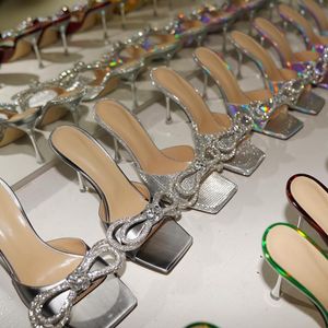 Kapcie kwadratowe kapcie na damskie sandały nowatorskie moda Bow Crystal Projektanci kryształów sznurowate satynowe slajdy 9,5 cm wysokie buty na obcasie seksowne