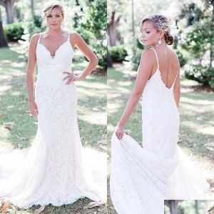 2023 Splendidi abiti da sposa a sirena in pizzo Abito da sposa senza spalline Increspature in raso Sweep Train Custom Made Beach Country Plus Size Vestido De Novia 401 401