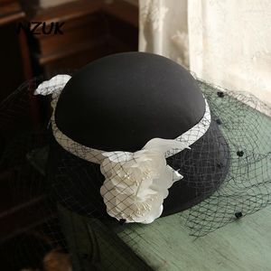 Başlıklar nzuk vintage düğün şapkaları kadın büyüleyicileri fedoras şapka büyük çiçek siyah bowling cap kış cloche