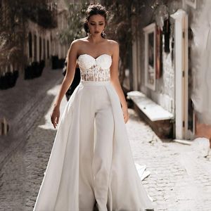 Women Strapless Jumpsuit Sheath Wedding Dresses With Detachable Train White Satin Outfit Bridal Gown Lace Appliques Mariage 326 326