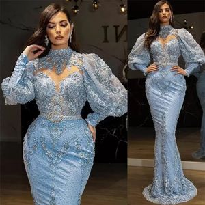 Light Sky Blue Puff Long Sleeves aftonkl￤nningar H￶g krage med p￤rlspetsar Applicques Formella parti Prom -kl￤nningar sj￶jungfru arabiska aso ebi special tillf￤lle kl￤nning cl1631