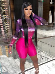 Kvinnors sp￥rs￤ttningar Hirigin Tie Dye Mesh Bodysuit och Biker Shorts 2 Piece Set Pink BodyCon Sporty Women Baddie Co-Oord Outfits Transparent