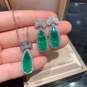 Dingle örhängen paraiba högkol diamantfjäril hänge halsband set päron vatten droppe kristall bankett lyx för kvinnliga smycken