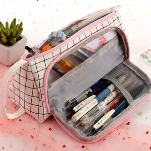 Studentpennfodral Simple Plaid Pencil Case Multi Layer Stora kapacitet Kosmetisk rese Förvaringspåse Stationär penna förvaringspåsar RRC617