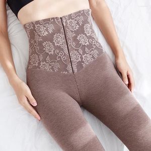 Damen-Leggings, hohe Taille, Reißverschlussband, Hüftheben, großer Plüsch, verdickte reine Baumwolle, Herbst- und Winter-warme Druckhose